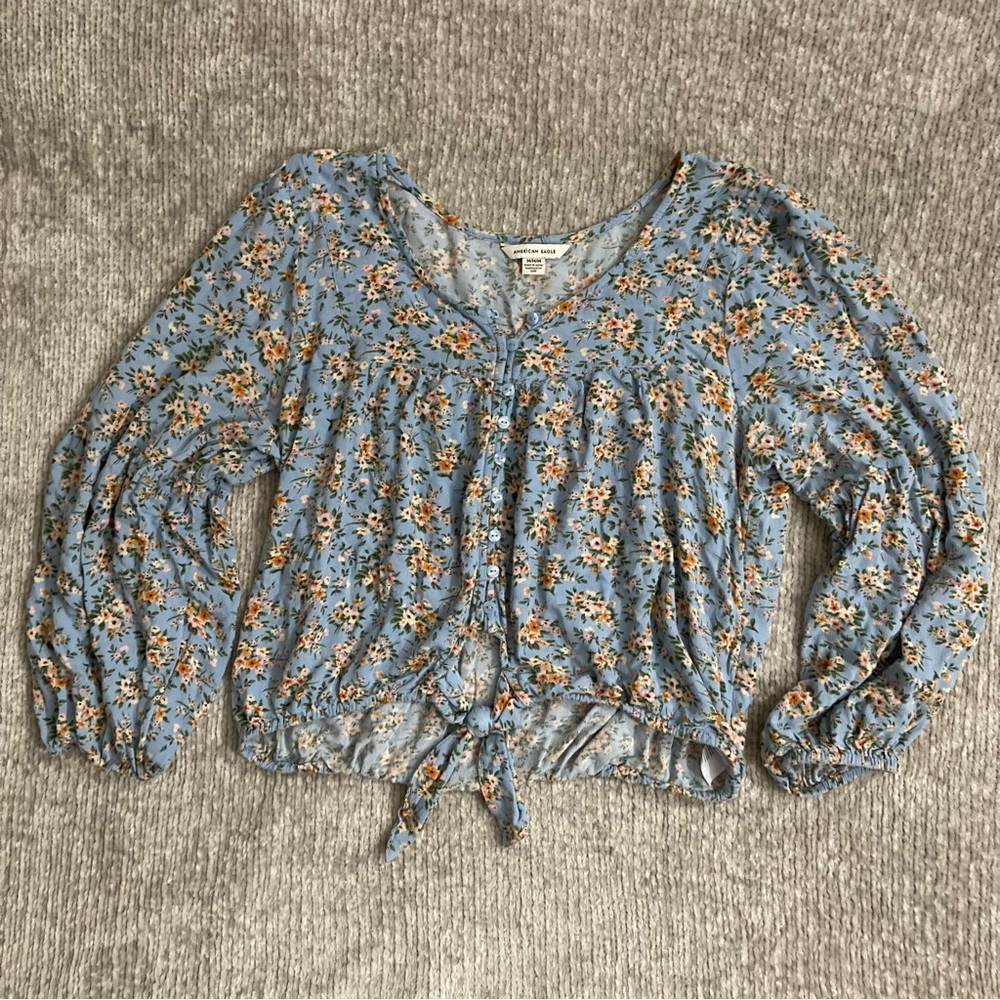 American Eagle Blue Floral Long Sleeve Tie Front‎ Blouse Size M Boho Cottage